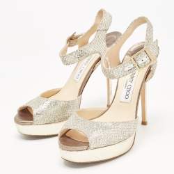 Pre Owned Jimmy Choo Silver/Gold Glitter and Leather Platform Ankle Strap Sandals Size 38.5