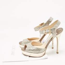 Pre Owned Jimmy Choo Silver/Gold Glitter and Leather Platform Ankle Strap Sandals Size 38.5