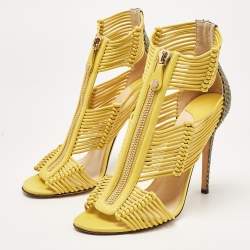 Pre Owned Jimmy Choo Yellow/Black Python and Leather Kattie Zip Front Strap Sandals Size 39.5