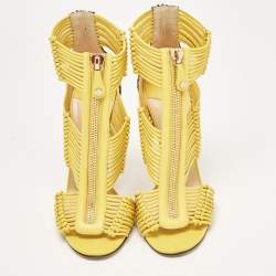 Pre Owned Jimmy Choo Yellow/Black Python and Leather Kattie Zip Front Strap Sandals Size 39.5
