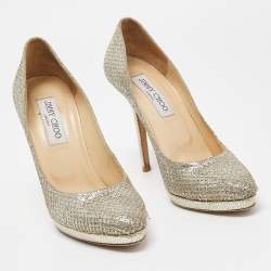 Jimmy Choo Silver/Gold Glitter Fabric Platform Pumps Size 36.5