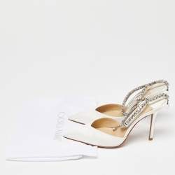 Pre Owned Jimmy Choo Off White Satin Saeda Crystals Ankle Strap Pumps Size 36.5