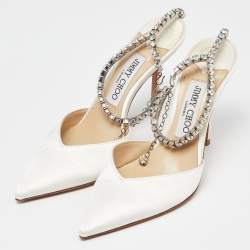 Pre Owned Jimmy Choo Off White Satin Saeda Crystals Ankle Strap Pumps Size 36.5