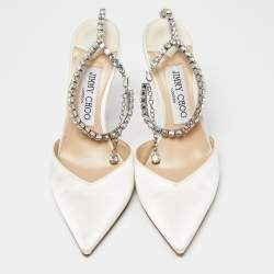 Pre Owned Jimmy Choo Off White Satin Saeda Crystals Ankle Strap Pumps Size 36.5