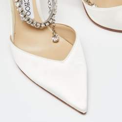 Pre Owned Jimmy Choo Off White Satin Saeda Crystals Ankle Strap Pumps Size 36.5