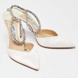 Pre Owned Jimmy Choo Off White Satin Saeda Crystals Ankle Strap Pumps Size 36.5