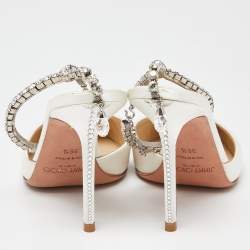 Pre Owned Jimmy Choo Off White Satin Saeda Crystals Ankle Strap Pumps Size 36.5