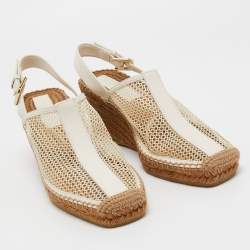 Pre Owned Jimmy Choo Cream/White Leather and Mesh Wedge Slingback Pumps Size 39