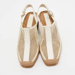 Pre Owned Jimmy Choo Cream/White Leather and Mesh Wedge Slingback Pumps Size 39