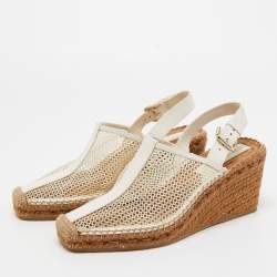 Pre Owned Jimmy Choo Cream/White Leather and Mesh Wedge Slingback Pumps Size 39