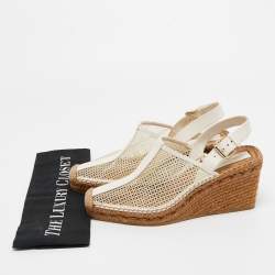 Pre Owned Jimmy Choo Cream/White Leather and Mesh Wedge Slingback Pumps Size 39