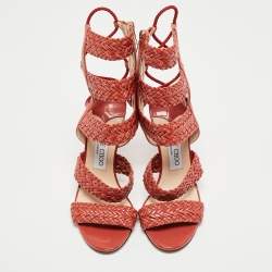 Pre Owned Jimmy Choo Orange Braided Leather and Suede Lima Gladiator Sandals Size 36