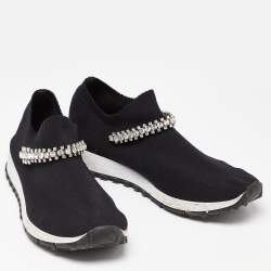 Pre Owned Jimmy Choo Black Knit Fabric Crystal Embellished Verona Sneakers Size 38