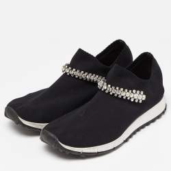 Pre Owned Jimmy Choo Black Knit Fabric Crystal Embellished Verona Sneakers Size 38