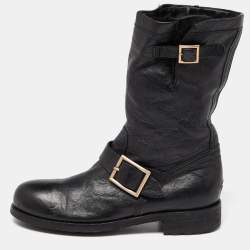 Pre Owned Jimmy Choo Black Leather Buckle Detail Mid Calf Biker Boots Size 38