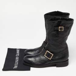 Pre Owned Jimmy Choo Black Leather Buckle Detail Mid Calf Biker Boots Size 38