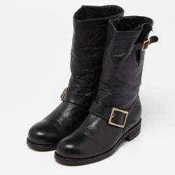 Pre Owned Jimmy Choo Black Leather Buckle Detail Mid Calf Biker Boots Size 38