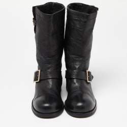 Pre Owned Jimmy Choo Black Leather Buckle Detail Mid Calf Biker Boots Size 38