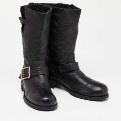 Pre Owned Jimmy Choo Black Leather Buckle Detail Mid Calf Biker Boots Size 38