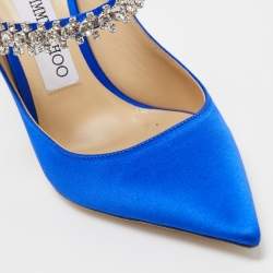 Pre Owned Jimmy Choo Blue Satin Crystal Embellished Bing Mules Size 37.5