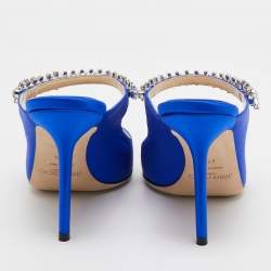 Pre Owned Jimmy Choo Blue Satin Crystal Embellished Bing Mules Size 37.5