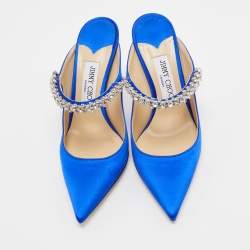 Pre Owned Jimmy Choo Blue Satin Crystal Embellished Bing Mules Size 37.5