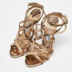 Pre Owned Jimmy Choo Beige Python Embossed Leather Ankle Strap Sandals Size 38