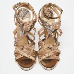Pre Owned Jimmy Choo Beige Python Embossed Leather Ankle Strap Sandals Size 38