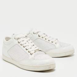 Pre Owned Jimmy Choo White Glitter And Leather Low Top Sneakers Size 41