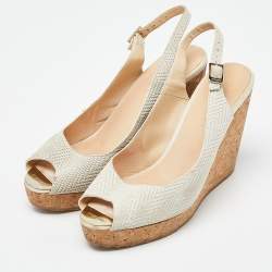 Pre Owned Jimmy Choo Grey Faux Leather Prova Slingback Cork Wedge Sandals Size 40.5