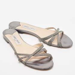مملوكة مسبقًا Jimmy Choo Metallic Glitter and Leather Strappy Flat Sandals Size 39