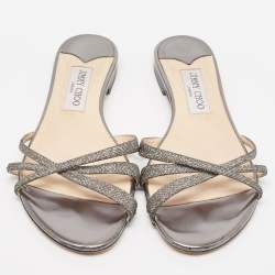 مملوكة مسبقًا Jimmy Choo Metallic Glitter and Leather Strappy Flat Sandals Size 39