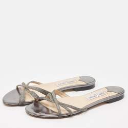 مملوكة مسبقًا Jimmy Choo Metallic Glitter and Leather Strappy Flat Sandals Size 39