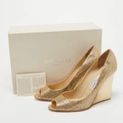 Pre Owned Jimmy Choo Gold Glitter Bello Peep Toe Wedge Pumps Size 40