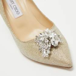 Pre Owned حذاء كعب عالي جيمي تشو قماش لاميه ميتاليك ذهبي براق كريستال مزخرف مقدمة مدببة مقاس 42