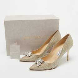 Pre Owned حذاء كعب عالي جيمي تشو قماش لاميه ميتاليك ذهبي براق كريستال مزخرف مقدمة مدببة مقاس 42