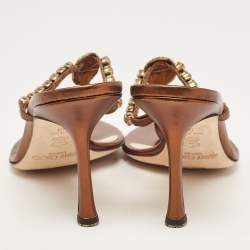 Jimmy Choo Metallic Bronze Leather Crystal Embellished Slide Sandals Size 39