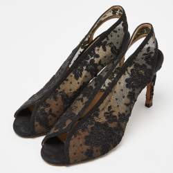 مملوكة مسبقًا Jimmy Choo Black Lace,Suede and Mesh Shar Open-Toe Slingback Sandals Size 39