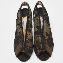 مملوكة مسبقًا Jimmy Choo Black Lace,Suede and Mesh Shar Open-Toe Slingback Sandals Size 39