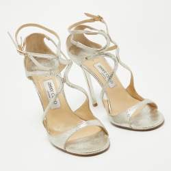 Jimmy Choo Silver Textured Leather Lance Sandals Size 40