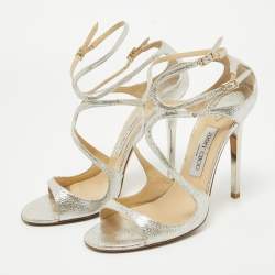 Jimmy Choo Silver Textured Leather Lance Sandals Size 40