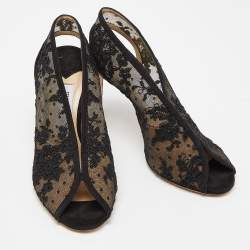 Pre Owned Jimmy Choo Black Lace and Mesh Shar Open-Toe Slingback Sandals Size 36