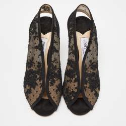 Pre Owned Jimmy Choo Black Lace and Mesh Shar Open-Toe Slingback Sandals Size 36
