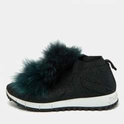 Jimmy Choo Deep Green Knit Fabric and Fur Pom Pom Norway Slip On Sneakers Size 35