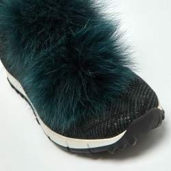 Jimmy Choo Deep Green Knit Fabric and Fur Pom Pom Norway Slip On Sneakers Size 35