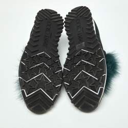 Jimmy Choo Deep Green Knit Fabric and Fur Pom Pom Norway Slip On Sneakers Size 35