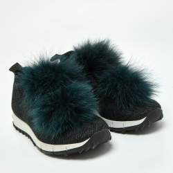 Jimmy Choo Deep Green Knit Fabric and Fur Pom Pom Norway Slip On Sneakers Size 35