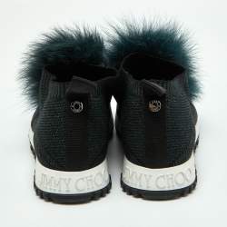 Jimmy Choo Deep Green Knit Fabric and Fur Pom Pom Norway Slip On Sneakers Size 35