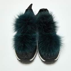 Jimmy Choo Deep Green Knit Fabric and Fur Pom Pom Norway Slip On Sneakers Size 35