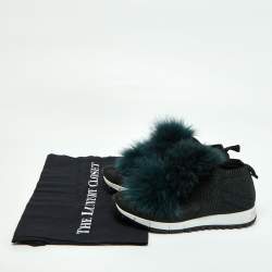 Jimmy Choo Deep Green Knit Fabric and Fur Pom Pom Norway Slip On Sneakers Size 35